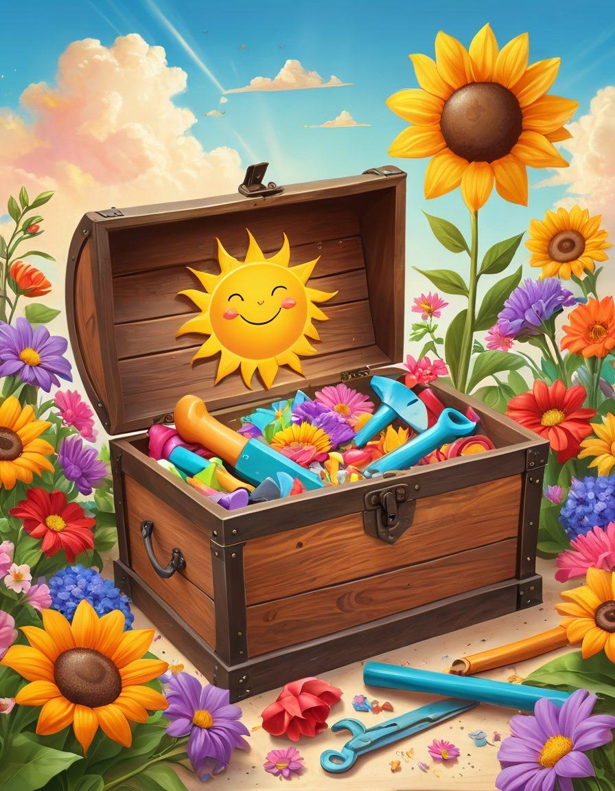 A bright and uplifting illustration featuring an open treasure chest filled with colorful tools symbolizing happiness, like a sun, heart, and garden tools, surrounded by blooming flowers and a cheerful sky. The scene conveys a sense of discovery and joy, inviting the reader to explore. Vibrant colors. Cartoon style. Light pastel background.