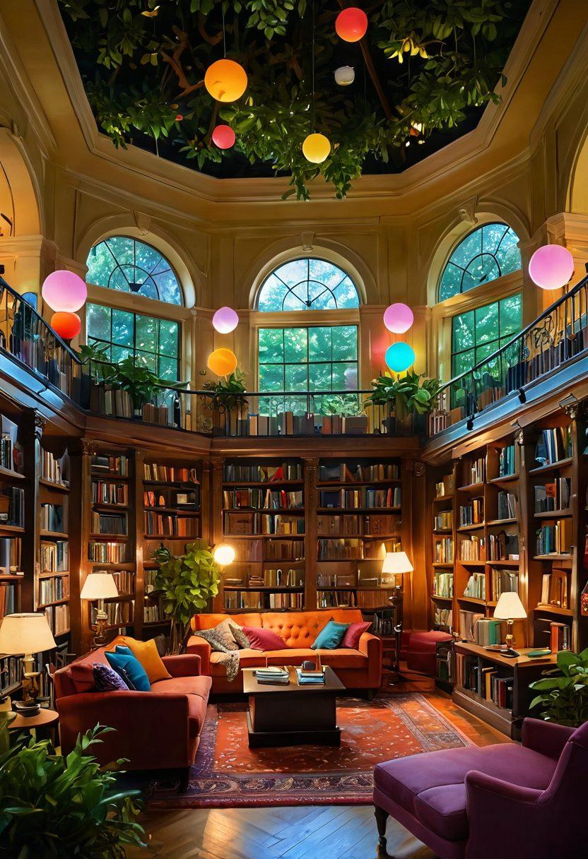 A visually enchanting library filled with colorful books, glowing orbs of light representing happiness, a diverse group of people engaging in joyful activities like reading, dancing, and laughing. Lush greenery surrounds the library, symbolizing growth and positivity. Bright, uplifting colors should dominate the scene, evoking a sense of joy and serenity. fantasy illustration. vibrant colors. super-realistic.