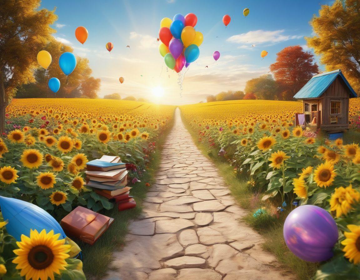 A vibrant, whimsical landscape filled with colorful symbols of joy such as balloons, sunflowers, and laughing faces, representing happiness resources. A pathway leads through this joyful scenery, lined with various books and tools for happiness, inviting the viewer to explore. Soft, radiant sunlight beams down, creating an uplifting atmosphere. super-realistic. vibrant colors. cheerful ambiance.